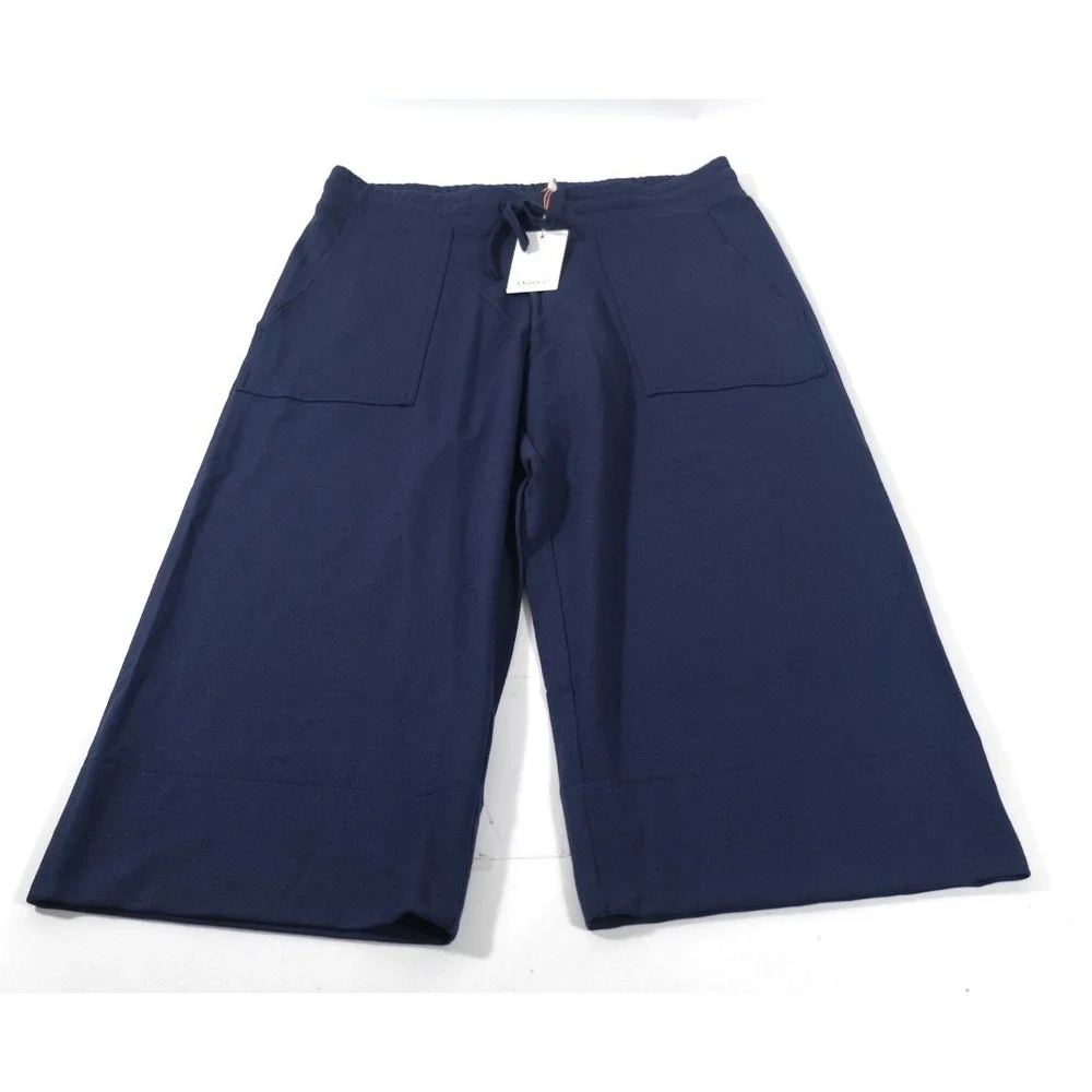 Quince Pants Women L Navy SuperSoft Fleece Wide Leg Cropped Drawstring Pockets